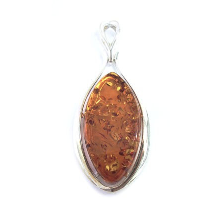 Carved Marquise Baltic Amber and Sterling Silver Pendant